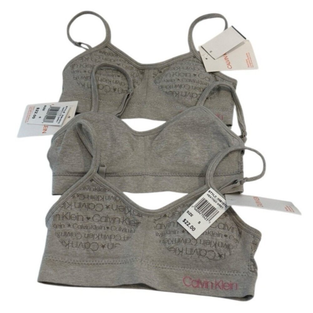 3 Calvin Klein Soft Cup Logo Bra Girls Heather Gray Adjustable Straps Size 6-6X